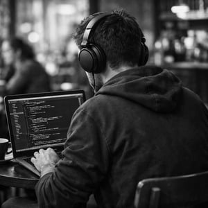 photographic Black and white images representing VkstvirksomhederPersone that are sitting in a cafee with headset on working on his computer person se-3